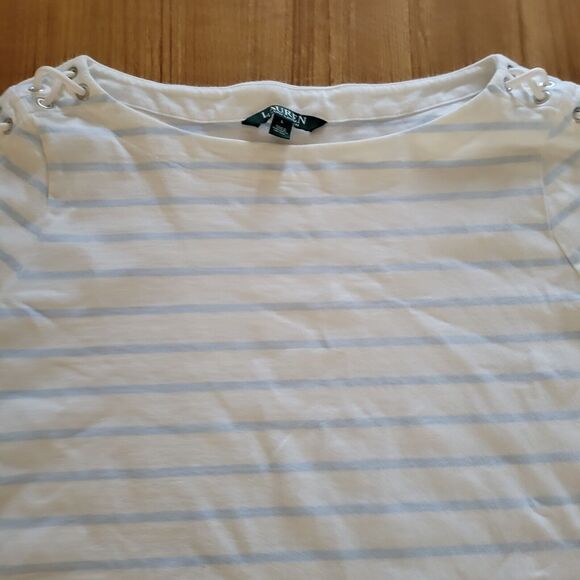 Lauren Ralph Lauren Top Shirt Womens Large White Blue Striped Lace Up 3/4 Sleeve - Picture 3 of 11